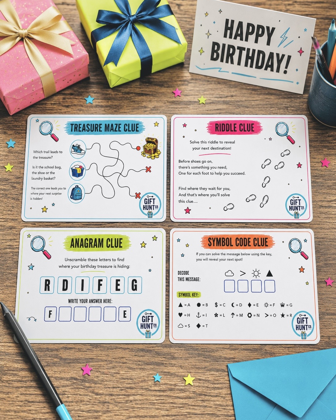 Birthday treasure hunt clue cards on a wooden table with wrapped presents and a teal envelope