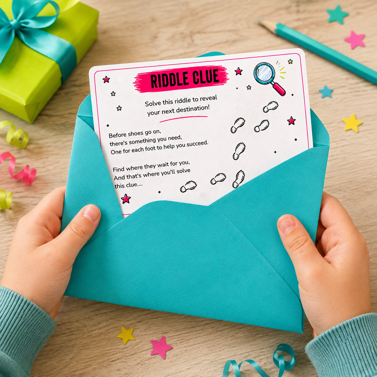 Printable birthday gift-hunt clue card with a colourful puzzle for ages 6–8.