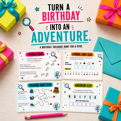 A flat-lay of a birthday treasure hunt activity kit titled 'Turn a Birthday into an Adventure.' The kit includes four printed clue cards, a pink pencil, and colorful gift boxes with ribbons arranged on a light wood background.