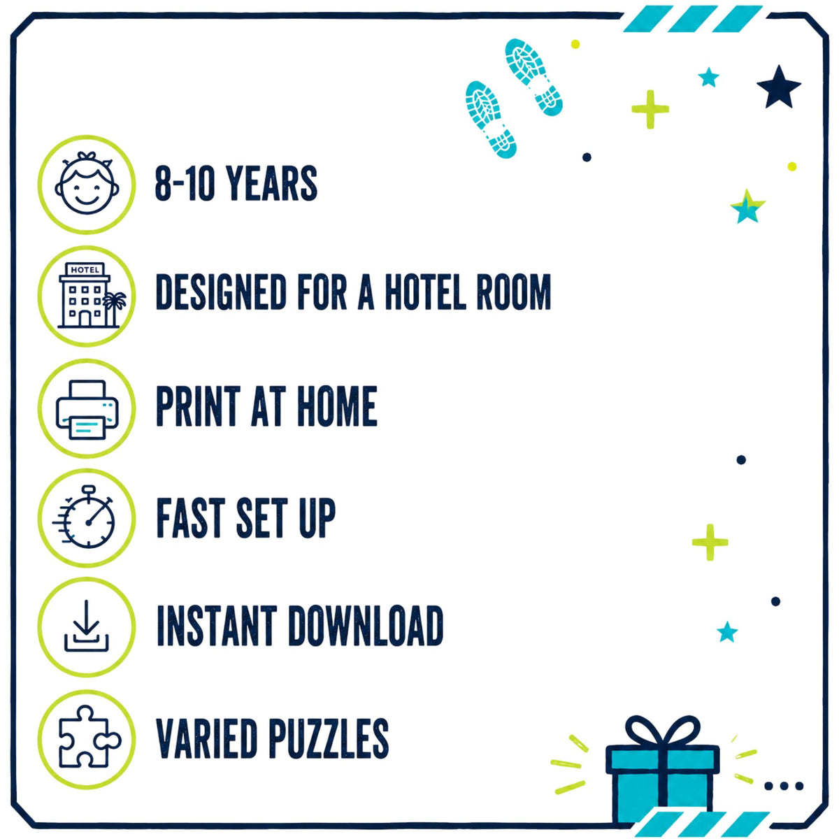 A promotional graphic with a white background and dark blue border, listing features for a printable puzzle product: suitable for ages 8-10, designed for a hotel room, print at home, fast set up, instant download, and varied puzzles. Decorative icons and small illustrations appear around the text.