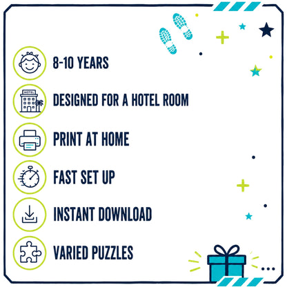 A promotional graphic with a white background and dark blue border, listing features for a printable puzzle product: suitable for ages 8-10, designed for a hotel room, print at home, fast set up, instant download, and varied puzzles. Decorative icons and small illustrations appear around the text.