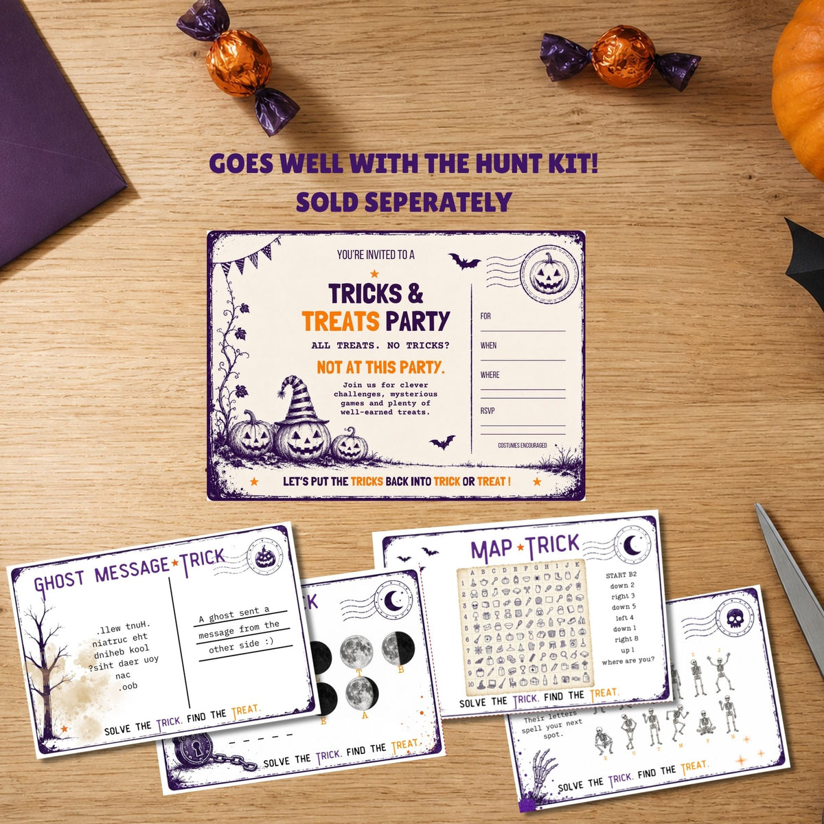 Halloween themed printable party game cards displayed on a wooden tabletop with candy and a pumpkin around them. The main card reads 'Tricks & Treats Party' and includes smaller cards for ghost messages, tricks, a map, and a find-the-trick activity.