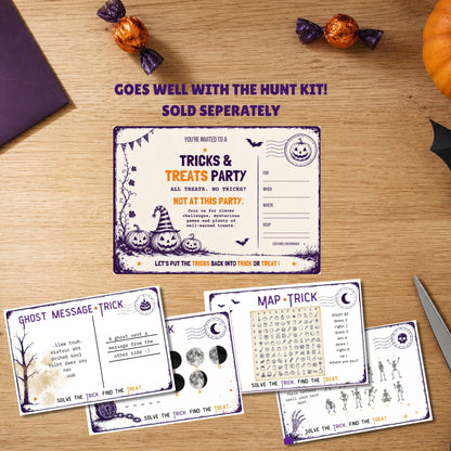 Halloween themed printable party game cards displayed on a wooden tabletop with candy and a pumpkin around them. The main card reads 'Tricks & Treats Party' and includes smaller cards for ghost messages, tricks, a map, and a find-the-trick activity.