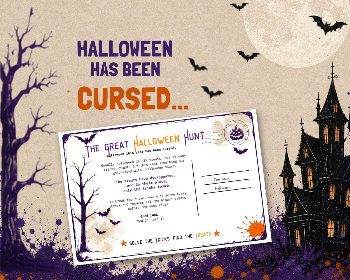 A Halloween-themed postcard from a scavenger hunt game shown on a spooky illustrated background with bats, a full moon, bare trees, and a haunted house. Large text reads 'HALLOWEEN HAS BEEN CURSED.