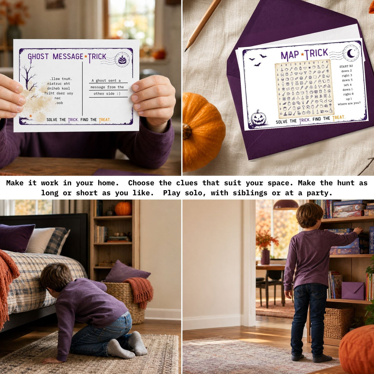 A four-panel collage showing a Halloween-themed printable game set being used in a home. The set includes a 'Ghost Message Trick' card held by an adult and a 'Map-Trick' card inside a purple envelope, plus a child playing the game in a living room.