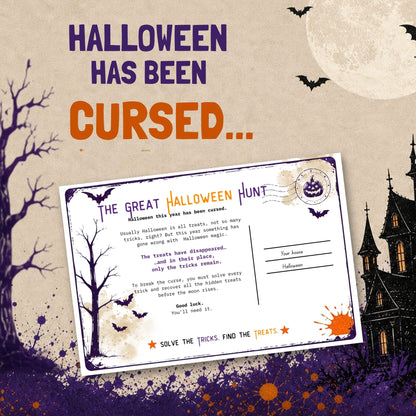 Halloween-themed card game or printable game card titled 'The Great Halloween Hunt' shown on a spooky illustrated background with large text reading 'HALLOWEEN HAS BEEN CURSED.