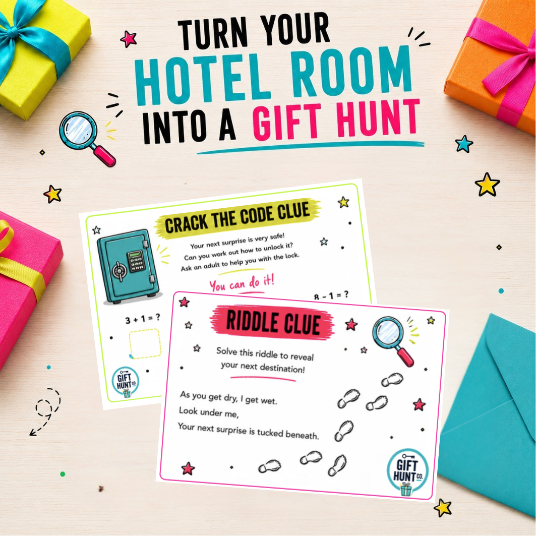A flat-lay promotional graphic for a hotel room gift hunt activity. The scene shows colorful wrapped gift boxes around the edges, two printed clue cards in the center, and large headline text at the top reading 'TURN YOUR HOTEL ROOM INTO A GIFT HUNT.