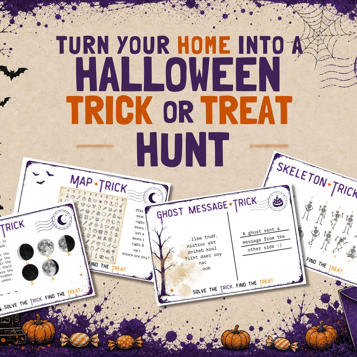Halloween-themed printable game cards and a map card displayed on a decorated beige background with purple spiderwebs, bats, pumpkins, and large text reading 'TURN YOUR HOME INTO A HALLOWEEN TRICK OR TREAT HUNT'.