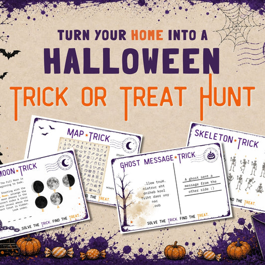 Halloween-themed printable hunt card set displayed on a parchment-style background with spiderwebs, pumpkins, and spooky text reading 'TURN YOUR HOME INTO A HALLOWEEN TRICK OR TREAT HUNT.' Visible cards include Moon Trick, Map Trick, Ghost Message Trick, Skeleton Trick, and a partially visible Door Trick card.