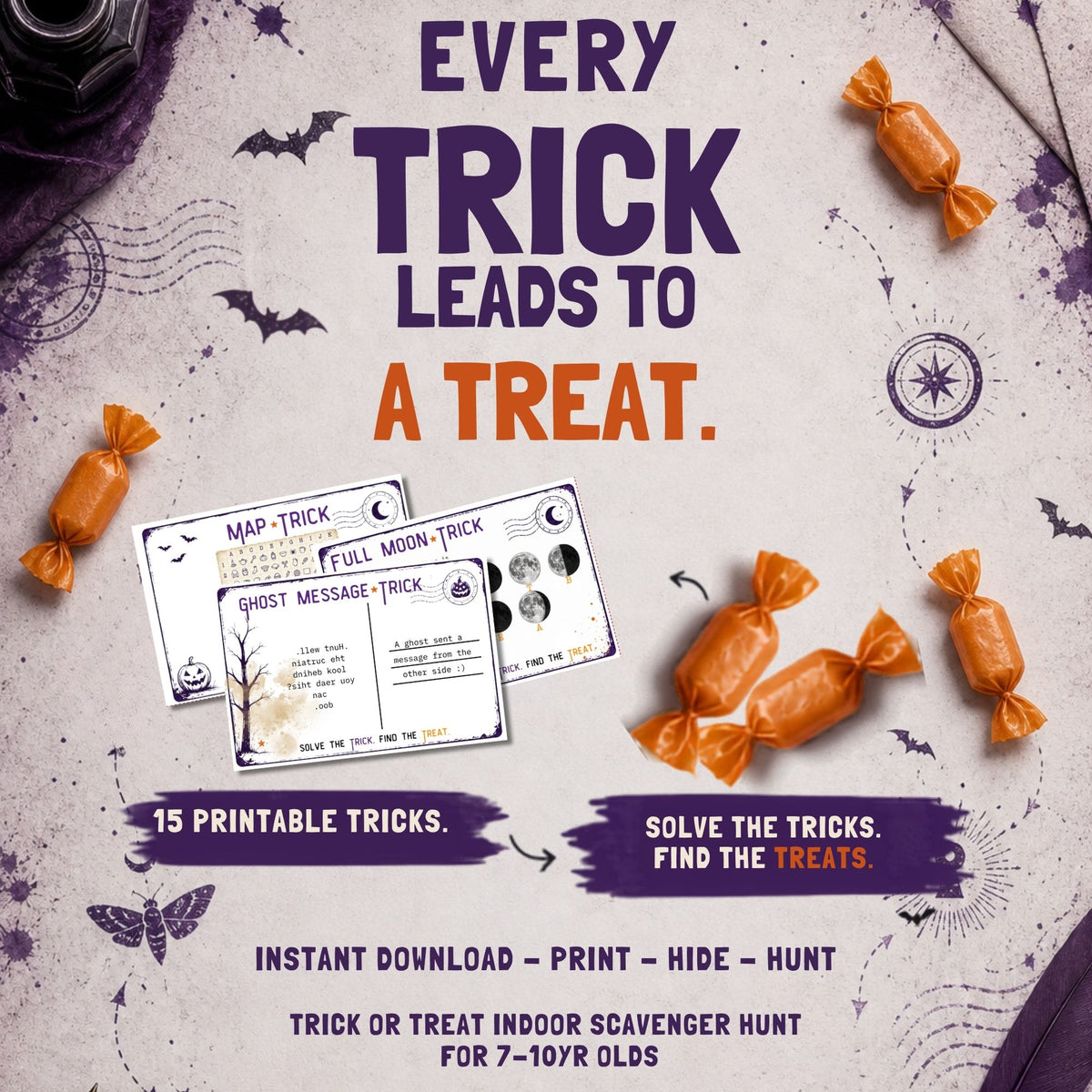 Promotional graphic for a printable Halloween scavenger hunt game. The text reads 'EVERY TRICK LEADS TO A TREAT.