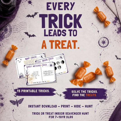 Promotional graphic for a printable Halloween scavenger hunt game. The text reads 'EVERY TRICK LEADS TO A TREAT.
