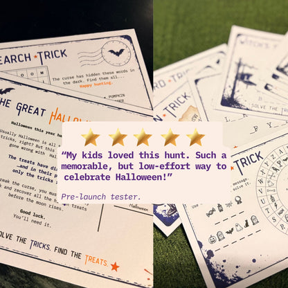A set of Halloween-themed printable hunt cards and worksheets spread out on a dark surface and green fabric. A central white card shows a five-star rating graphic with a testimonial quote from a parent.