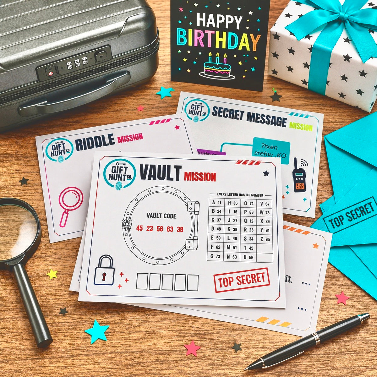A gift hunt mystery box set displayed on a wooden tabletop, featuring a 'Vault Mission' card, a 'Secret Message Mission' card, a 'Riddle Mission' card, a 'Happy Birthday' card, a gray suitcase, a magnifying glass, a pen, and a wrapped gift box.