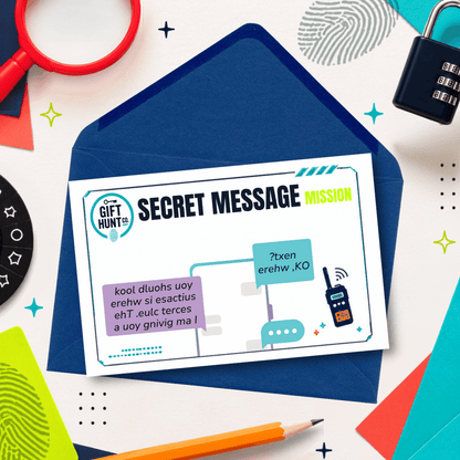 A flat-lay of a 'Gift Hunt' secret message card with a blue envelope, surrounded by themed props like a magnifying glass, lock, and pencil on a white background.