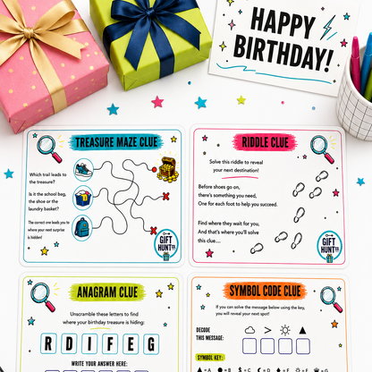A set of colorful birthday-themed puzzle cards laid out on a white surface next to wrapped gift boxes and a 'HAPPY BIRTHDAY!' card. The cards feature clues for a treasure maze, riddle, anagram, and symbol code, with playful illustrations and gift hunt badges.