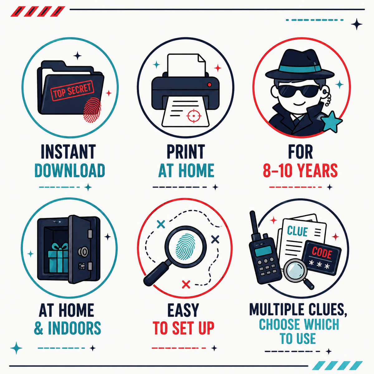 A six-panel infographic on a light cream background with illustrated icons and text describing features: instant download, print at home, for 8-10 years, at home & indoors, easy to set up, and multiple clues choose which to use.