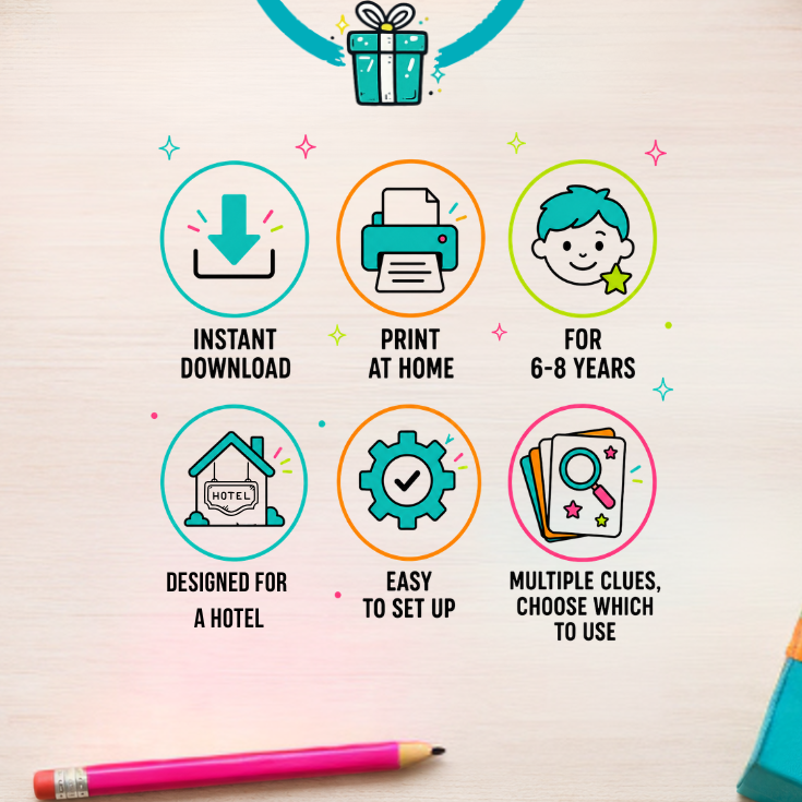 A promotional graphic for a 'Gift Hunt Co.' printable game, featuring six circular icons with text labels ('Instant Download', 'Print at Home', 'For 6-8 Years', 'Designed for a Hotel', 'Easy to Set Up', 'Multiple Clues, Choose Which to Use') on a light wood background.