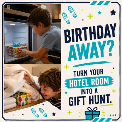 Promotional graphic for a hotel gift hunt service, featuring two photos of a boy packing a gift box in a hotel room and a large text panel that reads 'BIRTHDAY AWAY? TURN YOUR HOTEL ROOM INTO A GIFT HUNT.' with decorative blue, teal, yellow, and navy graphics.