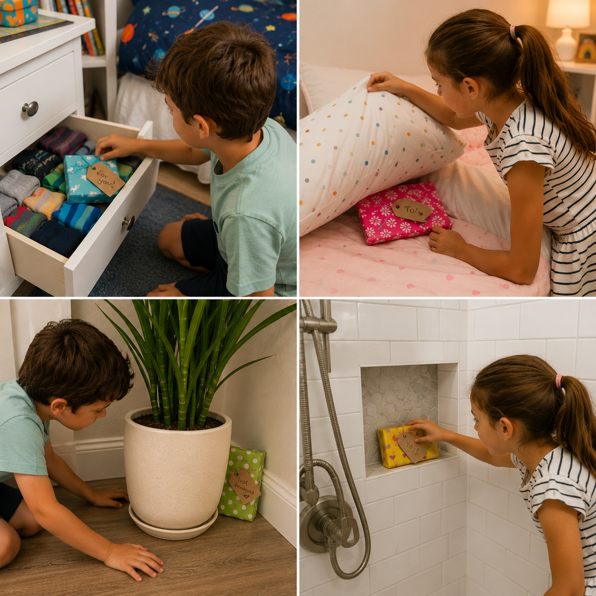 A four-panel lifestyle collage showing children using colorful, patterned bath and bed accessories in a bedroom and bathroom setting. The products include a white pillow with colorful polka dots, a pink patterned bath mat, and a green patterned bath towel.