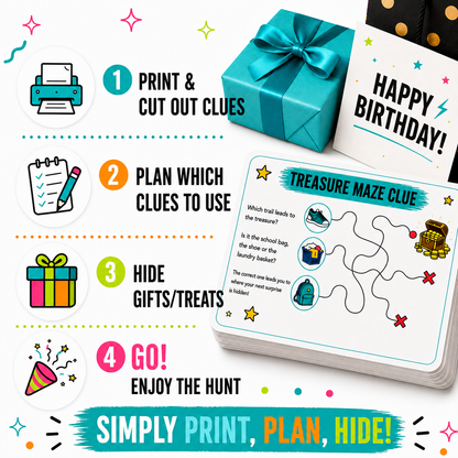 A promotional graphic for a treasure hunt birthday party kit. It shows a printed card that says 'HAPPY BIRTHDAY!' and a stack of printed clue cards labeled 'TREASURE MAZE CLUE,' along with colorful icons and text for print, plan, hide, and enjoy.