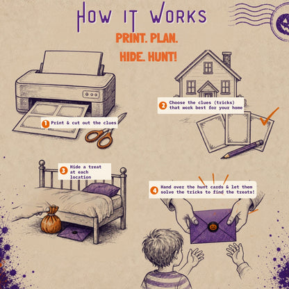 An illustrated how-to graphic titled 'HOW IT WORKS' with the words 'PRINT. PLAN.