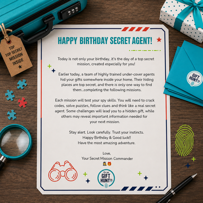 A flat-lay birthday card reading 'HAPPY BIRTHDAY SECRET AGENT!' with playful spy-themed illustrations, surrounded by a suitcase, magnifying glass, puzzle pieces, pen, and gift box on a wooden surface.