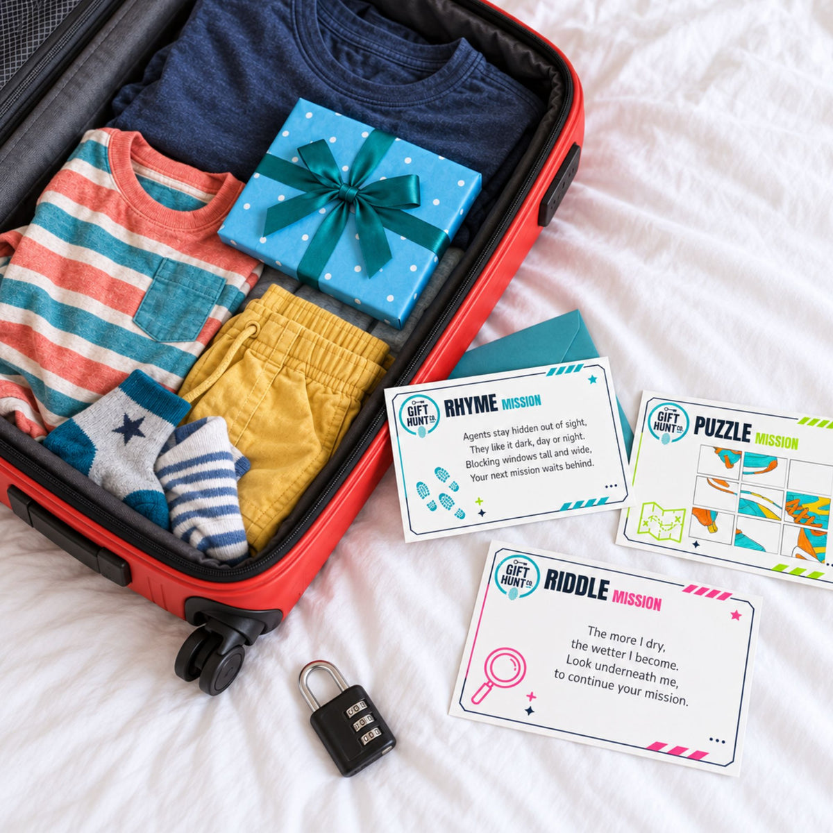 A red hard-shell suitcase packed with children's clothing and a blue gift box on white bedding, alongside three printed mission cards and a small black combination lock. The cards read 'RHYME Mission', 'PUZZLE Mission', and 'RIDDLE Mission'.