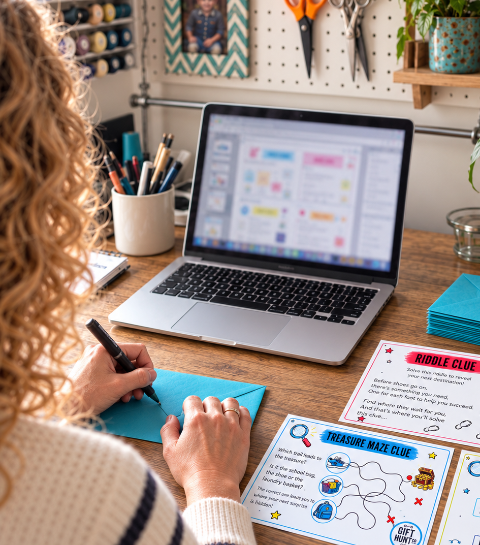 A person sits at a wooden desk writing on a blue sheet, with a laptop, a stack of bright blue envelopes, and several printed clue cards spread out on the desk in a styled home office setting.