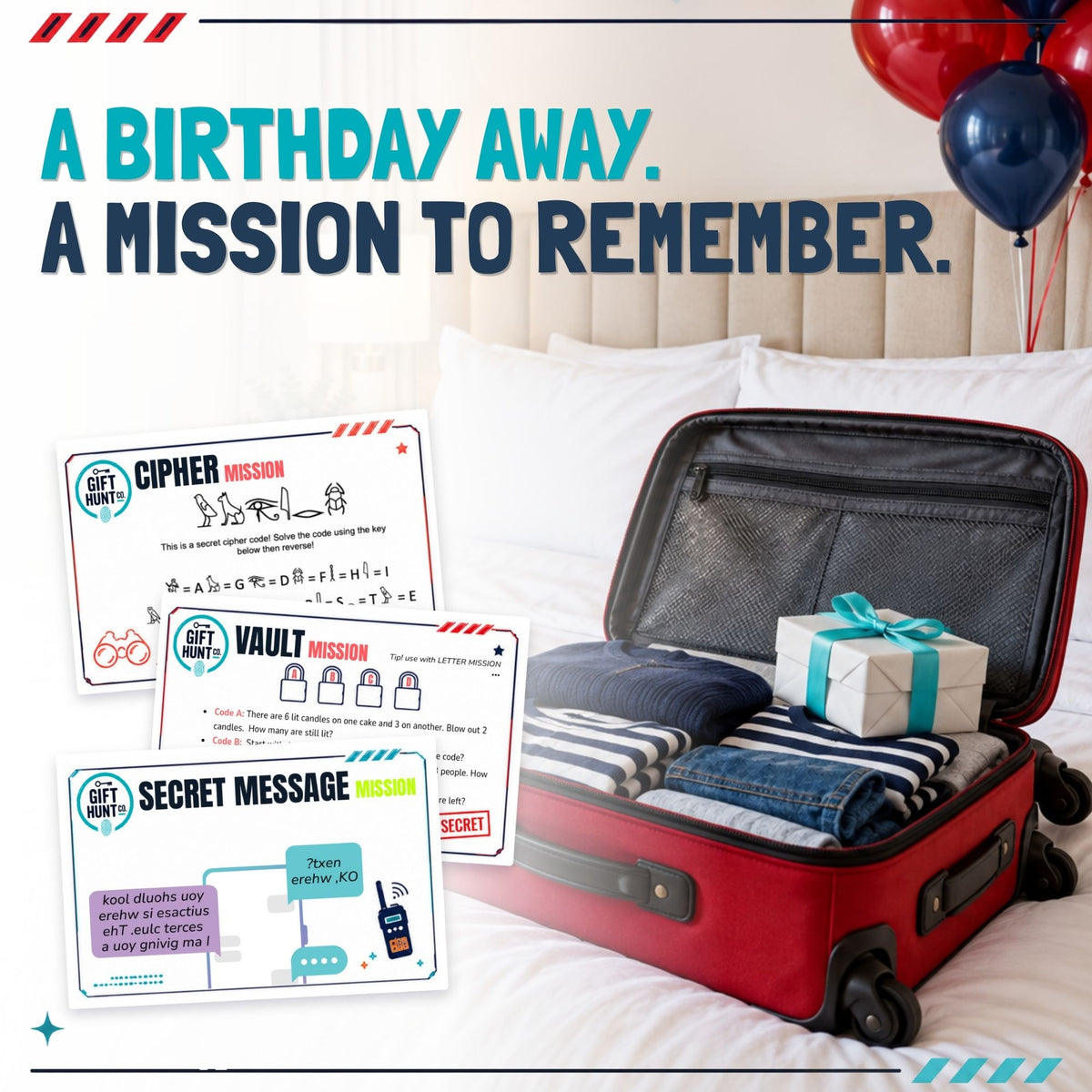 An open red suitcase on a bed with folded clothes and a small wrapped gift box inside, alongside three educational mystery-missive cards labeled Cipher Mission, Vault Mission, and Secret Message Mission. Text at the top reads, 'A BIRTHDAY AWAY.