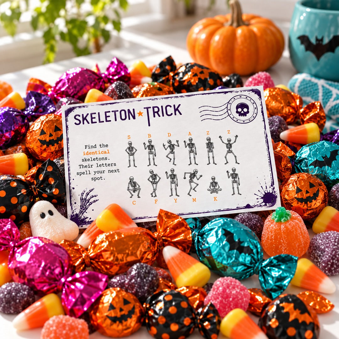 A Halloween-themed card reading 'SKELETON TRICK' with skeleton position clues, surrounded by wrapped chocolates, candy corn, jack-o'-lanterns, and purple glitter candies on a white tabletop.