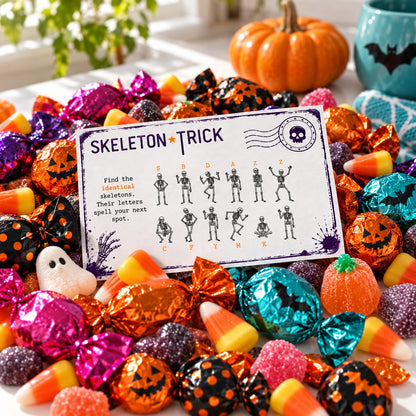A Halloween-themed card reading 'SKELETON TRICK' with skeleton position clues, surrounded by wrapped chocolates, candy corn, jack-o'-lanterns, and purple glitter candies on a white tabletop.