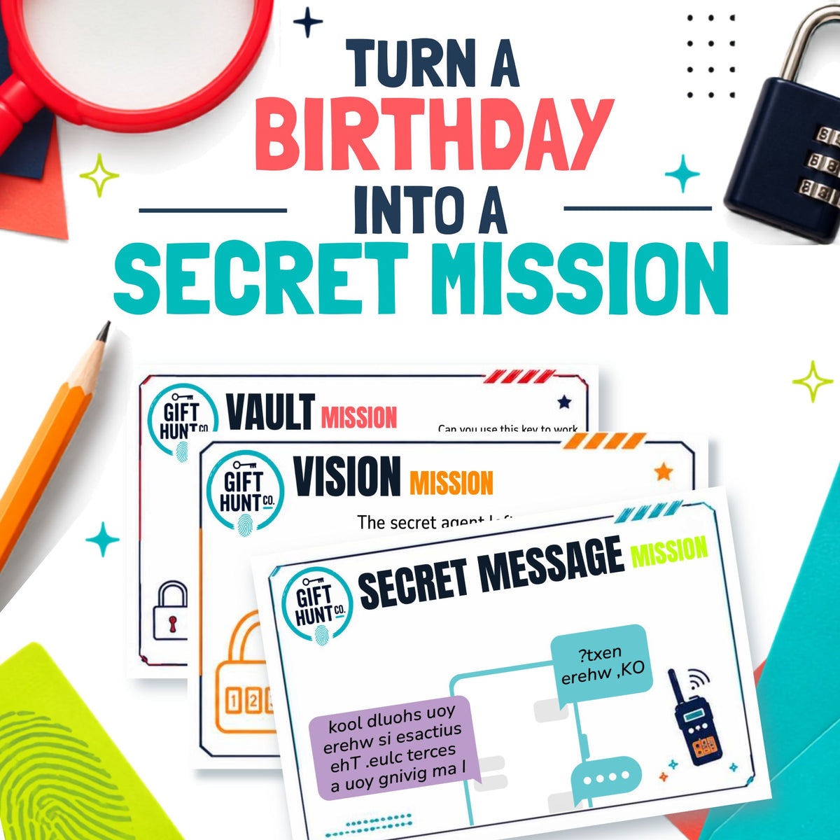 Promotional graphic for a birthday secret mission gift set, showing three printed mission cards with text like 'Vault Mission,' 'Vision Mission,' and 'Secret Message Mission,' plus a magnifying glass, pencil, padlock, and colorful geometric shapes on a white background.